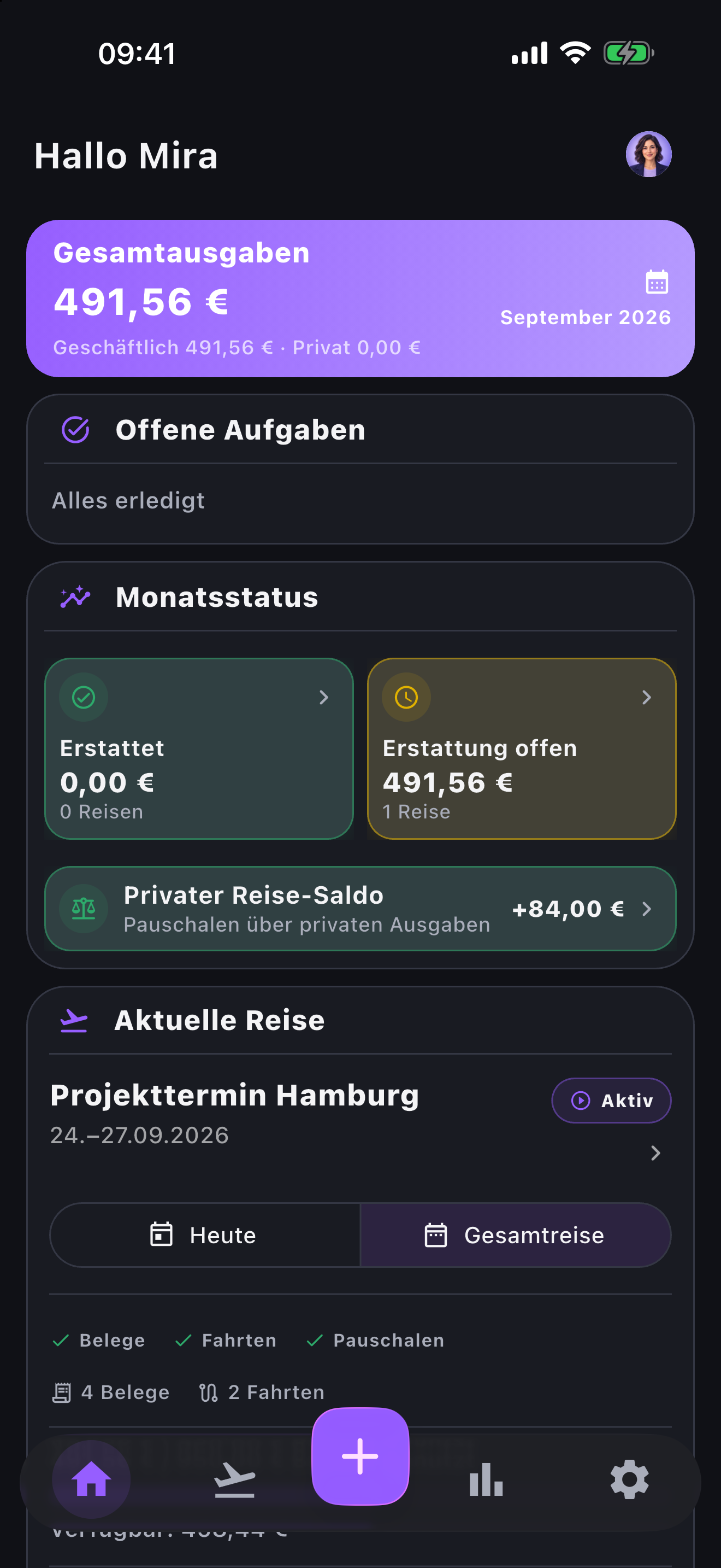 Orvenity Dashboard im Dunkelmodus mit Beispielreise, Ausgaben und Bearbeitungsstand
