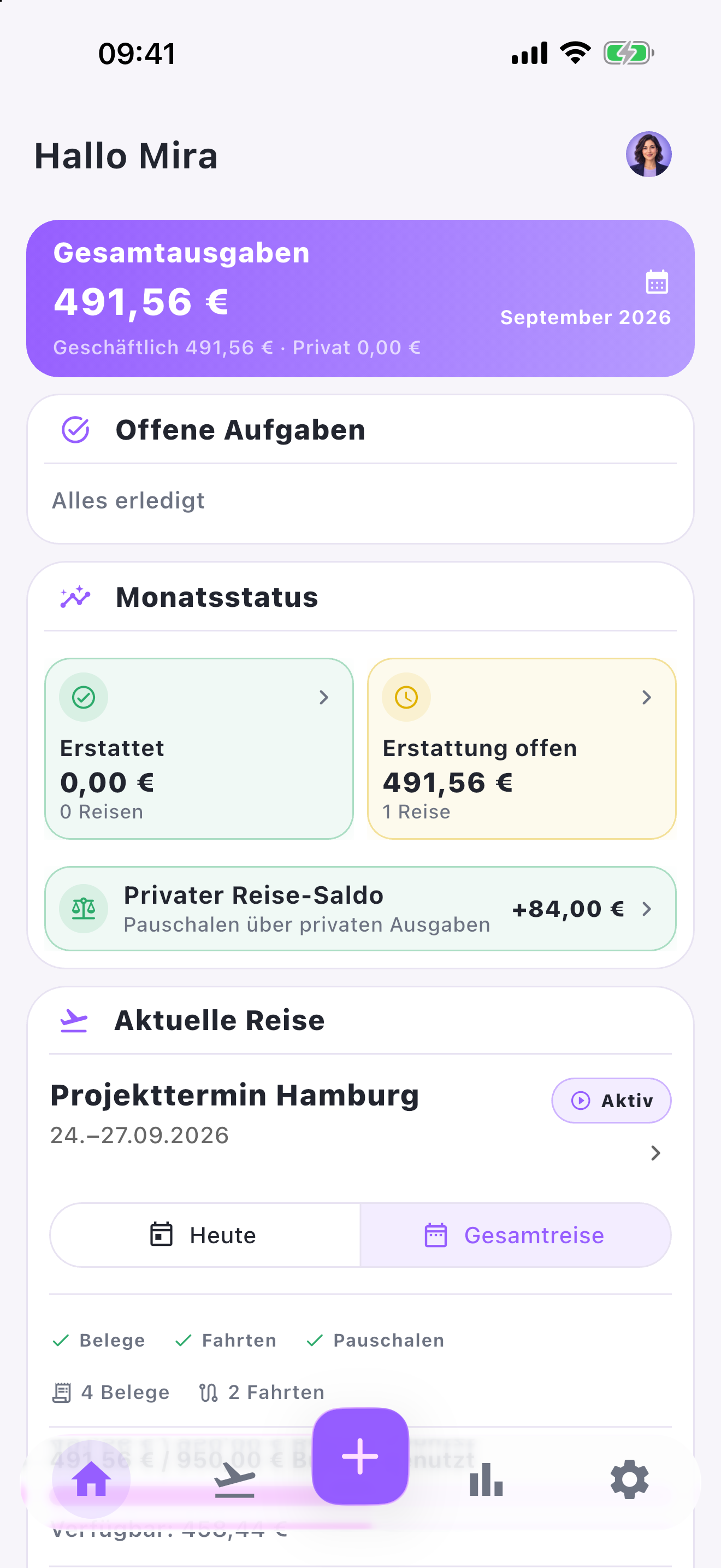 Orvenity Dashboard im Hellmodus mit einer fiktiven Beispielreise