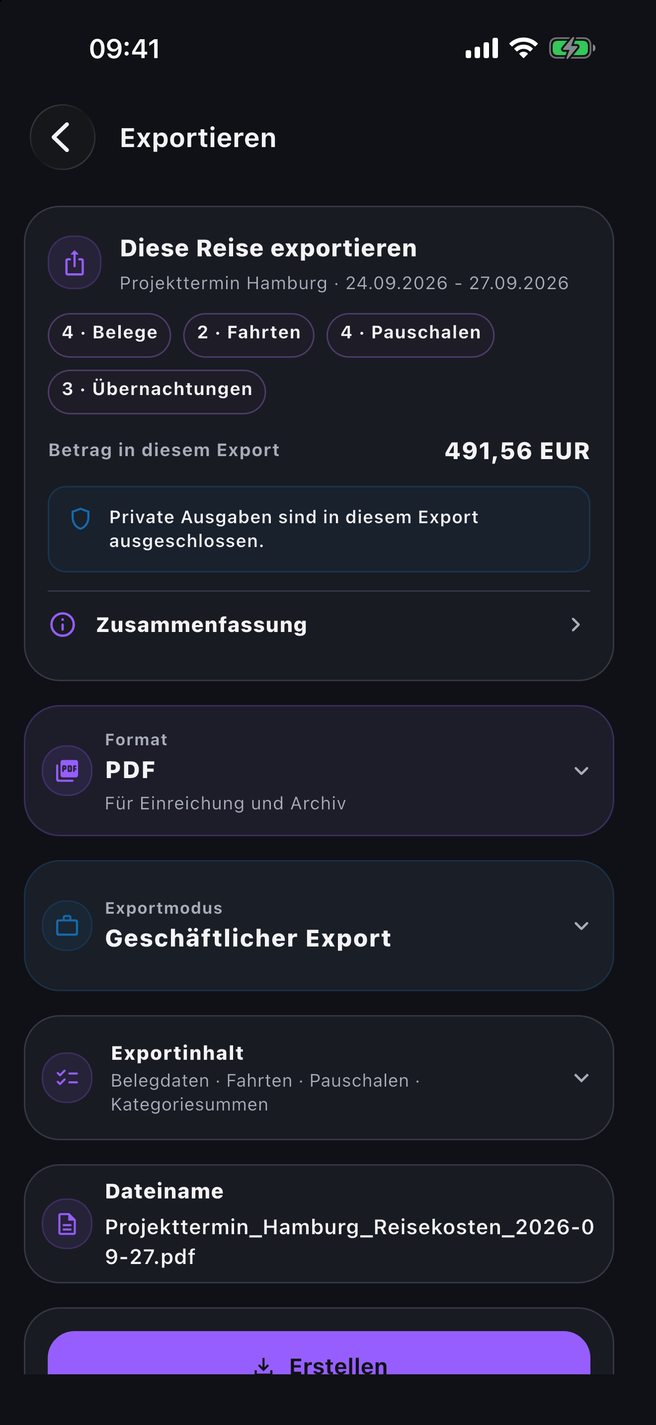 Orvenity Exportvorbereitung mit Belegen, Fahrten, Pauschalen und PDF-Auswahl