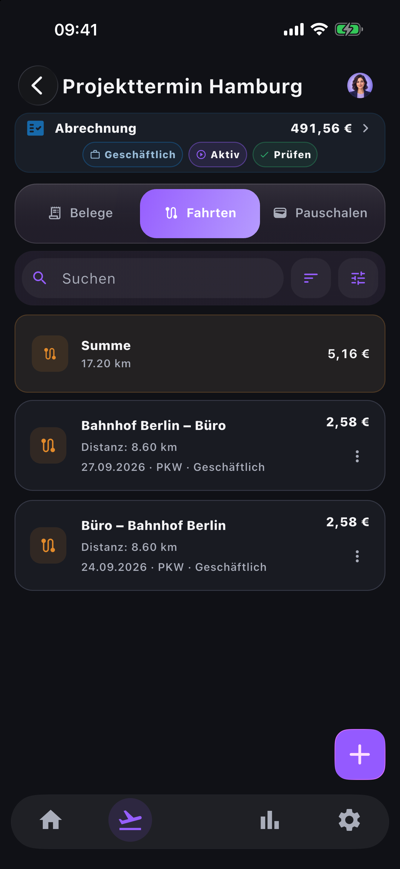 Orvenity Fahrten&uuml;bersicht mit erfassten Kilometern